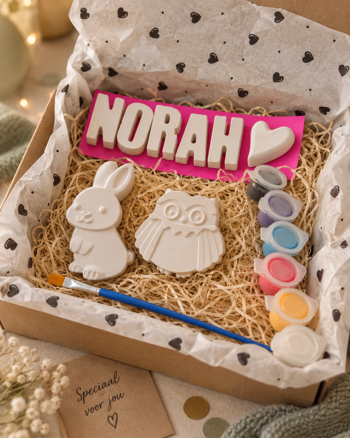 Verjaardagsbox Mini van Gipsgeluk met gepersonaliseerde naam, gipsfiguurtjes, verf en kwast